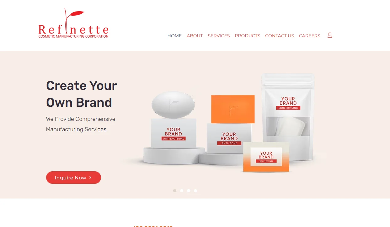 Refinette offers cosmetic manufacturing services with customizable branding options showcasing various product types like antibacterial and anti-acne.